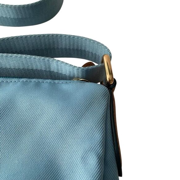 Coach Sawyer Canvas & Tan Leather Crossbody Bag in Blue Jay Front Zipper Pocket - Picture 13 of 16